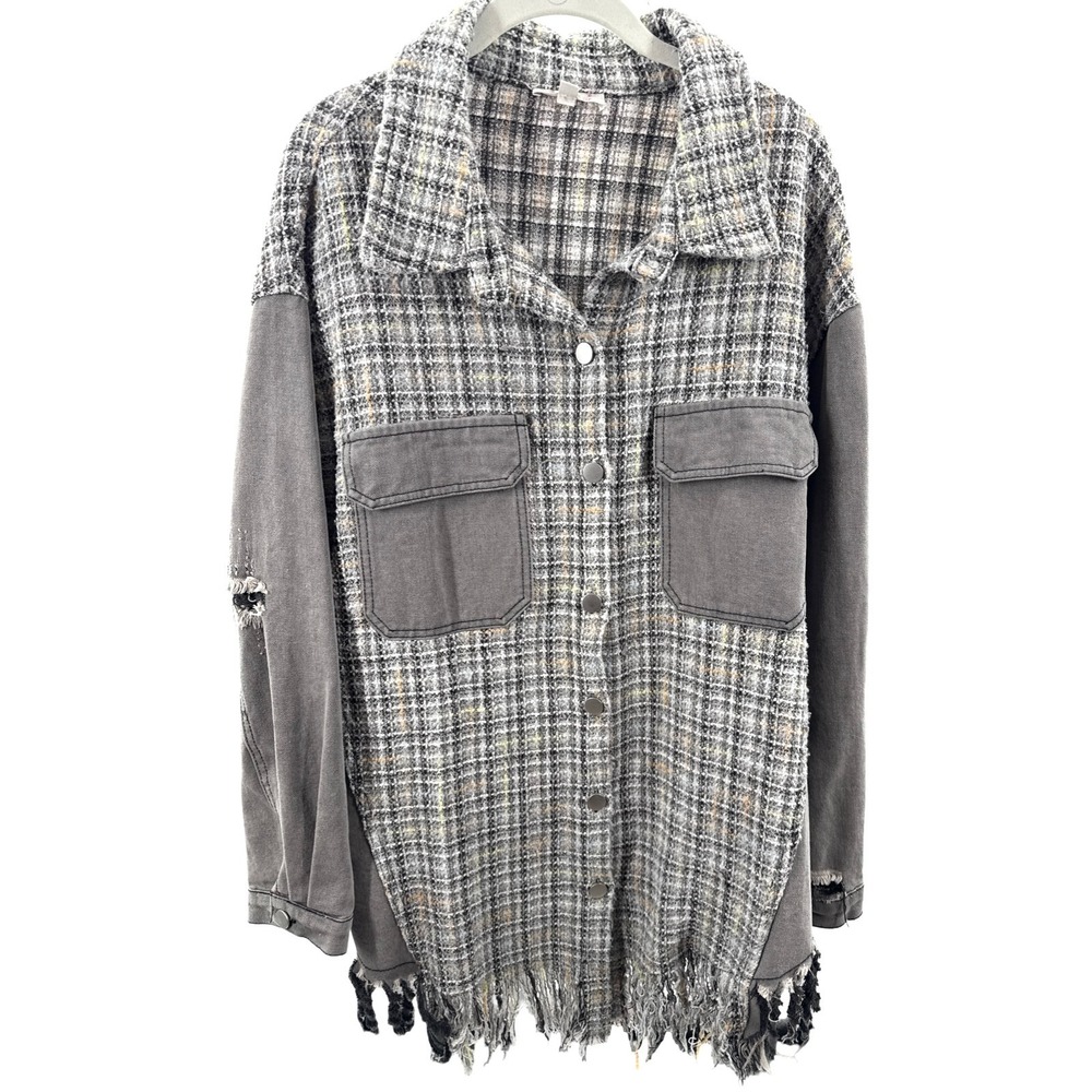 Sweet Generis Jacket 2X Gray Plaid Tweed Fringe Distressed Mixed Media Boho